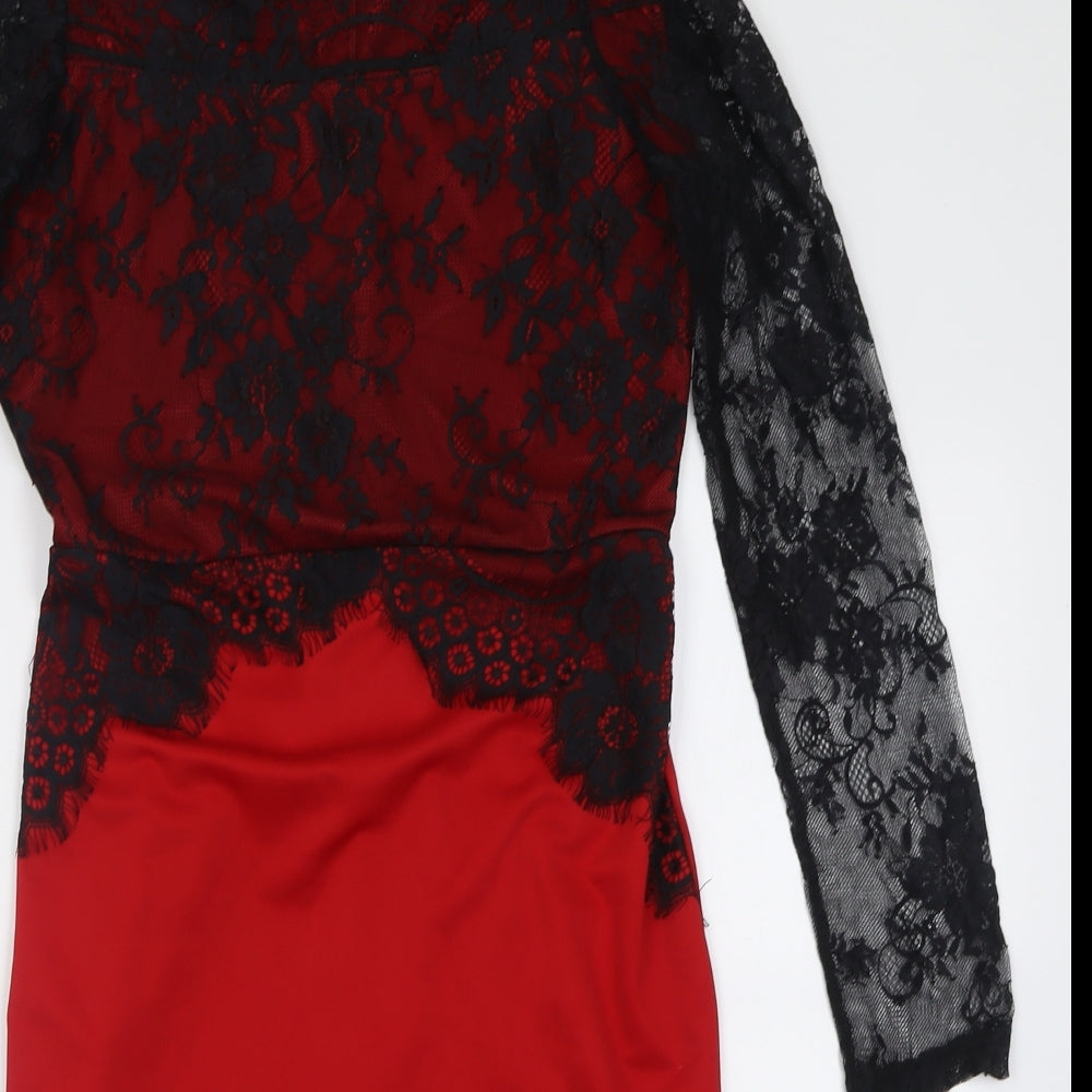 Preworn Womens Red  Cotton Bodycon  Size L  Off the Shoulder Zip - Lace Detail