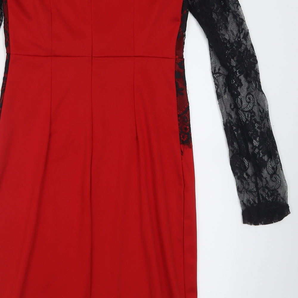 Preworn Womens Red  Cotton Bodycon  Size L  Off the Shoulder Zip - Lace Detail
