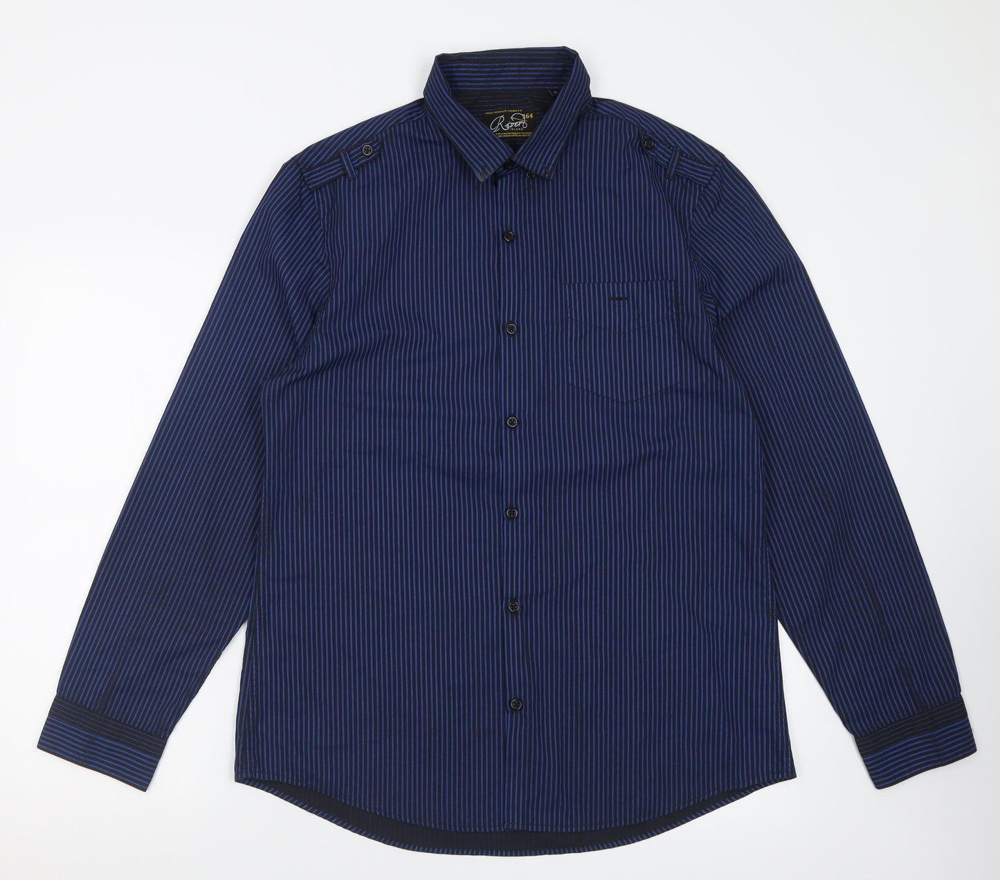 River Island Mens Blue Striped Polyester  Button-Up Size L Collared Button