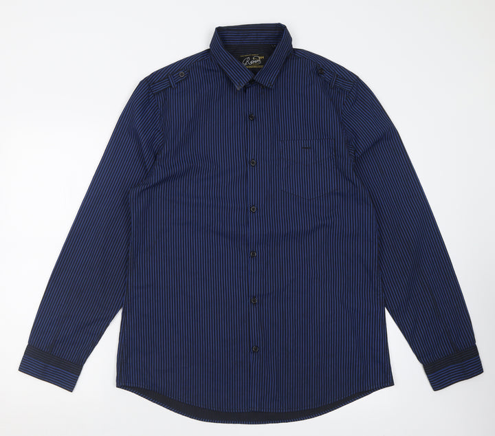 River Island Mens Blue Striped Polyester  Button-Up Size L Collared Button