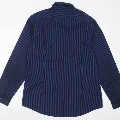 River Island Mens Blue Striped Polyester  Button-Up Size L Collared Button