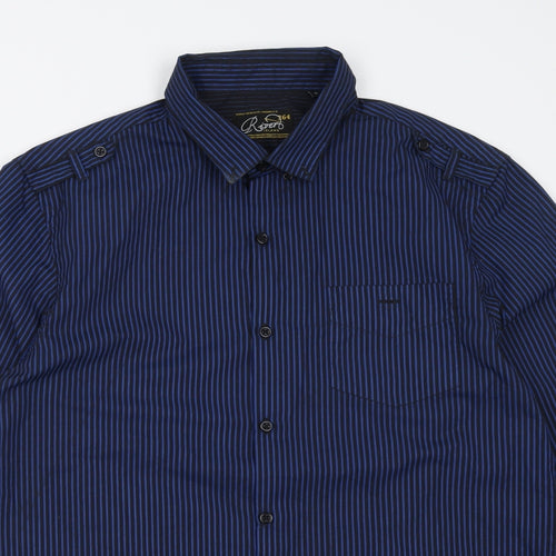 River Island Mens Blue Striped Polyester  Button-Up Size L Collared Button