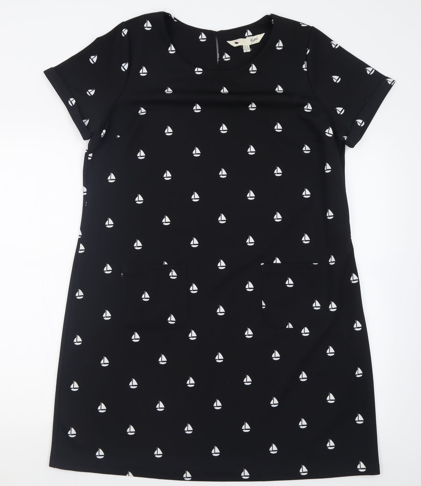 Yumi Womens Black Geometric Polyester A-Line  Size 16  Crew Neck Button