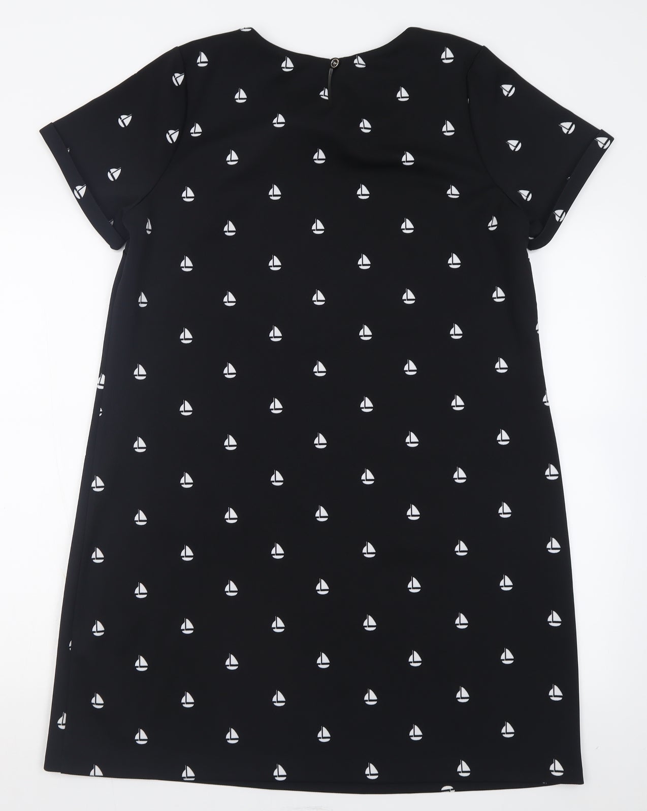 Yumi Womens Black Geometric Polyester A-Line  Size 16  Crew Neck Button