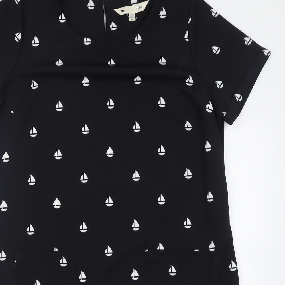 Yumi Womens Black Geometric Polyester A-Line  Size 16  Crew Neck Button