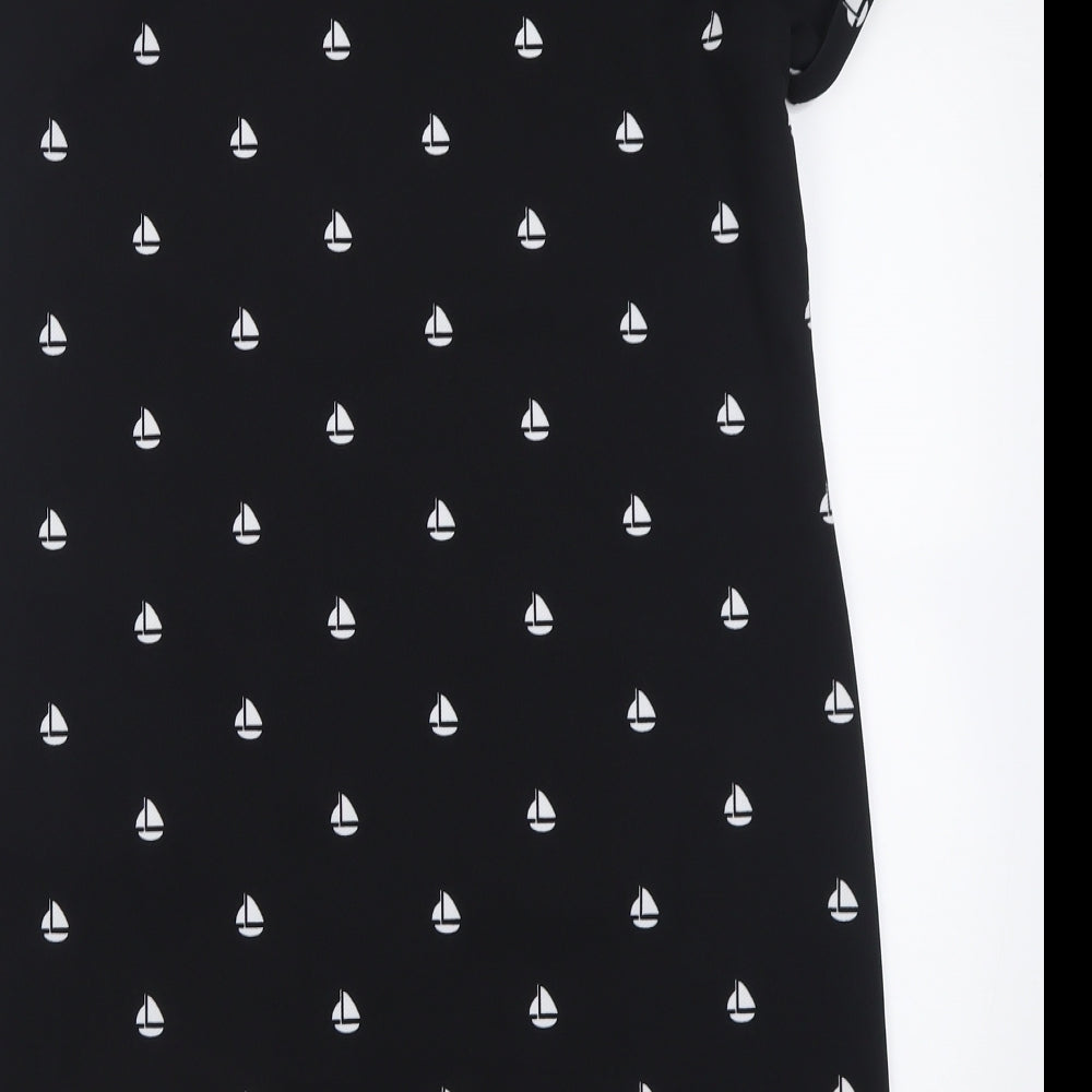 Yumi Womens Black Geometric Polyester A-Line  Size 16  Crew Neck Button