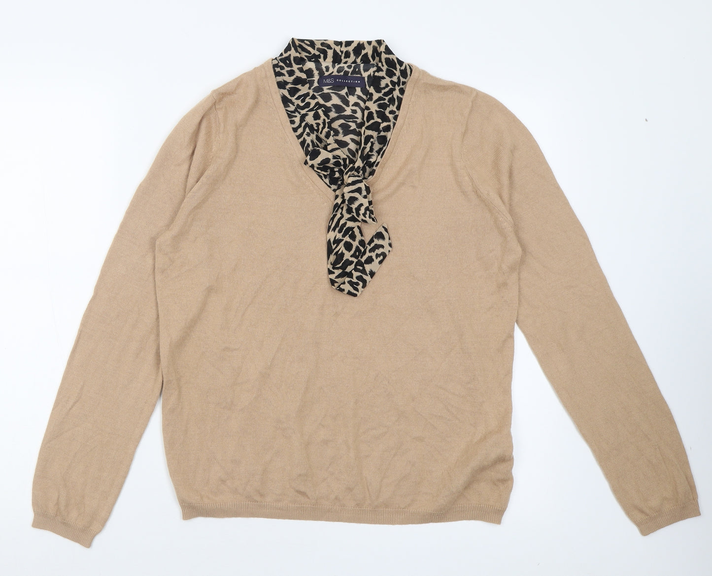 Marks and Spencer Womens Beige V-Neck Animal Print Acrylic Pullover Jumper Size 16