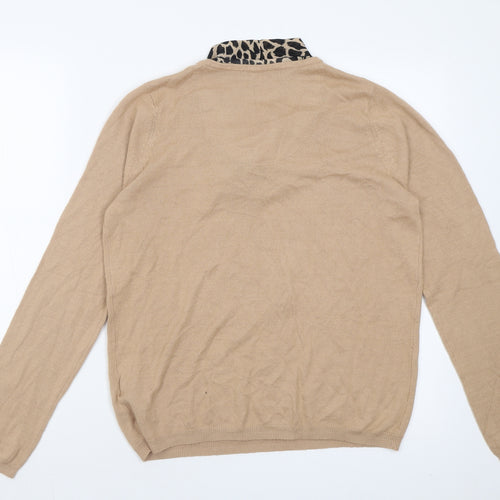 Marks and Spencer Womens Beige V-Neck Animal Print Acrylic Pullover Jumper Size 16