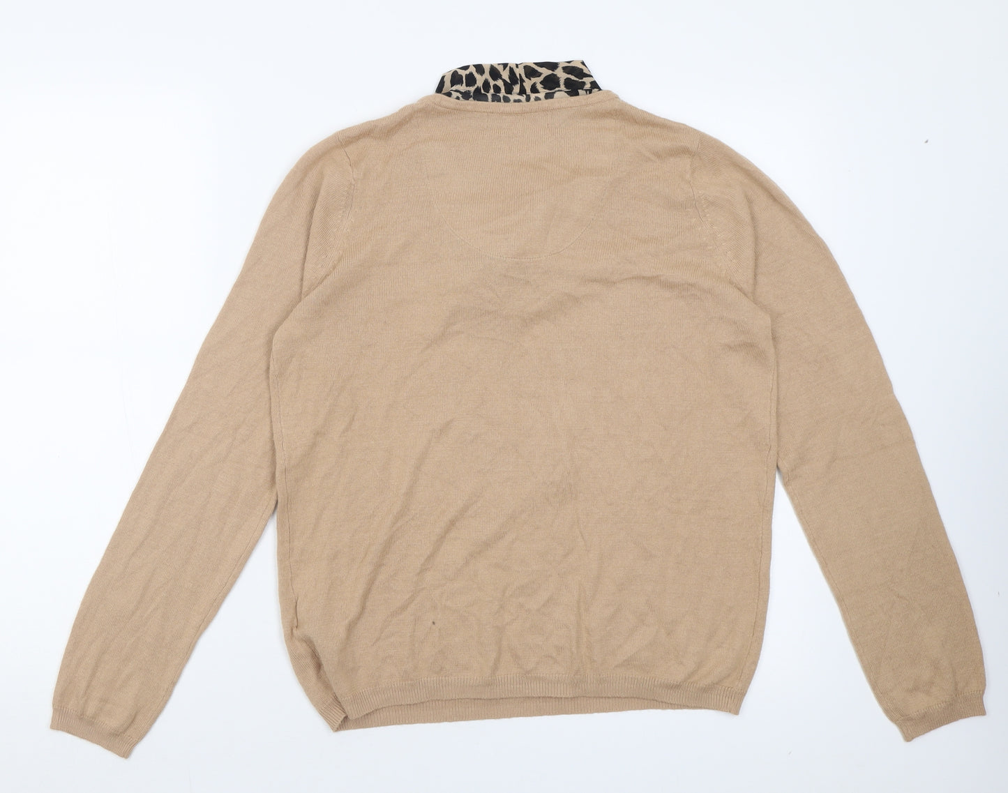 Marks and Spencer Womens Beige V-Neck Animal Print Acrylic Pullover Jumper Size 16