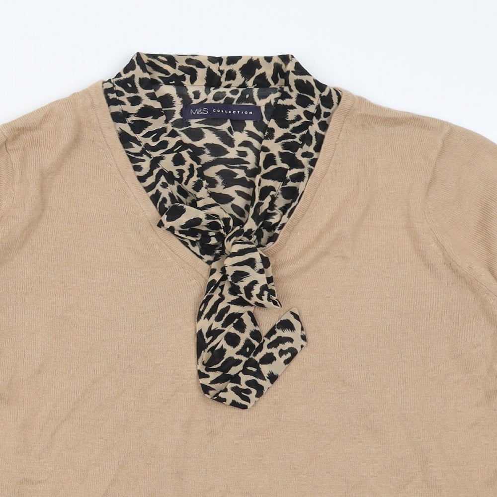 Marks and Spencer Womens Beige V-Neck Animal Print Acrylic Pullover Jumper Size 16