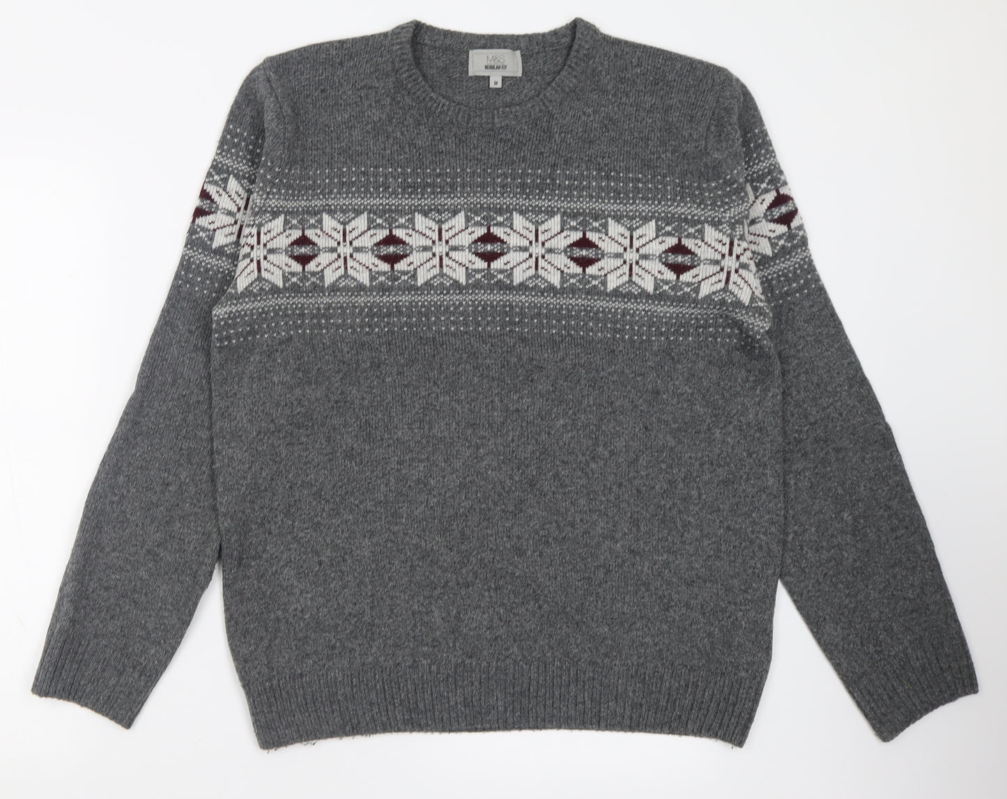 Marks and Spencer Mens Grey Crew Neck Geometric Acrylic Pullover Jumper Size M