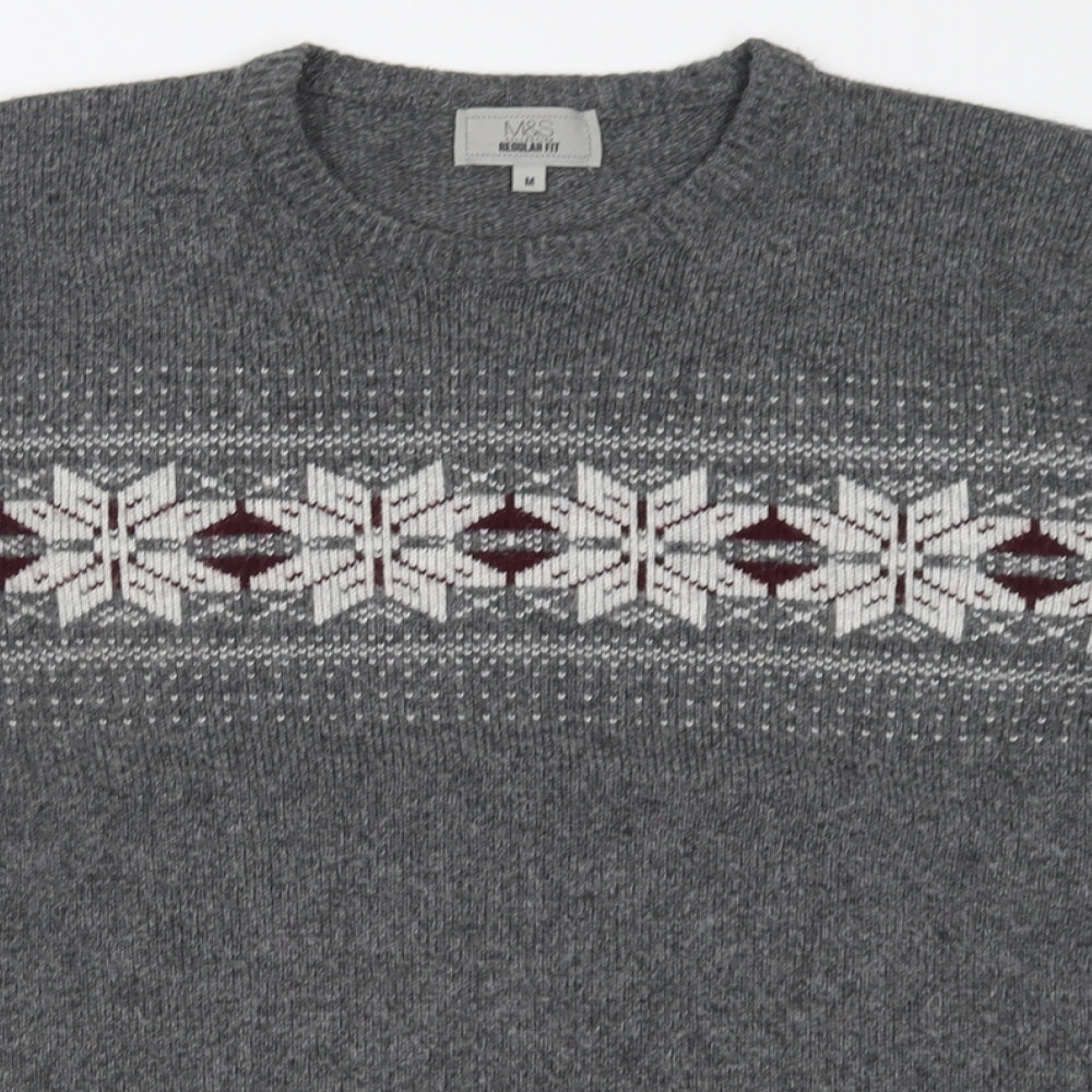 Marks and Spencer Mens Grey Crew Neck Geometric Acrylic Pullover Jumper Size M