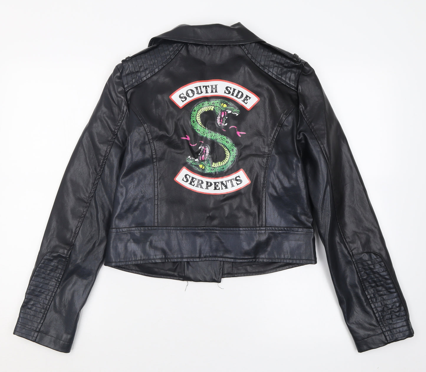 Preworn Girls Black   Biker Jacket Size 15-16 Years  Zip - Riverdale