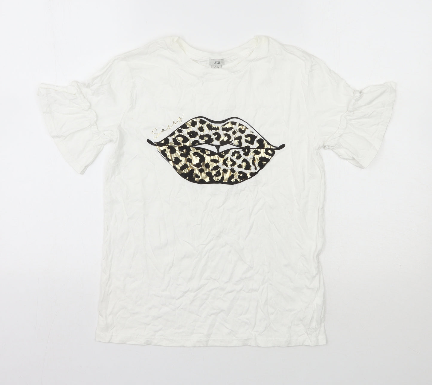 River Island Girls White Animal Print 100% Cotton Basic T-Shirt Size 11-12 Years Round Neck Pullover