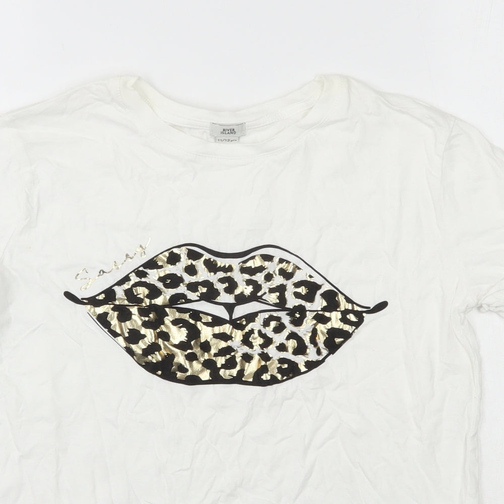 River Island Girls White Animal Print 100% Cotton Basic T-Shirt Size 11-12 Years Round Neck Pullover
