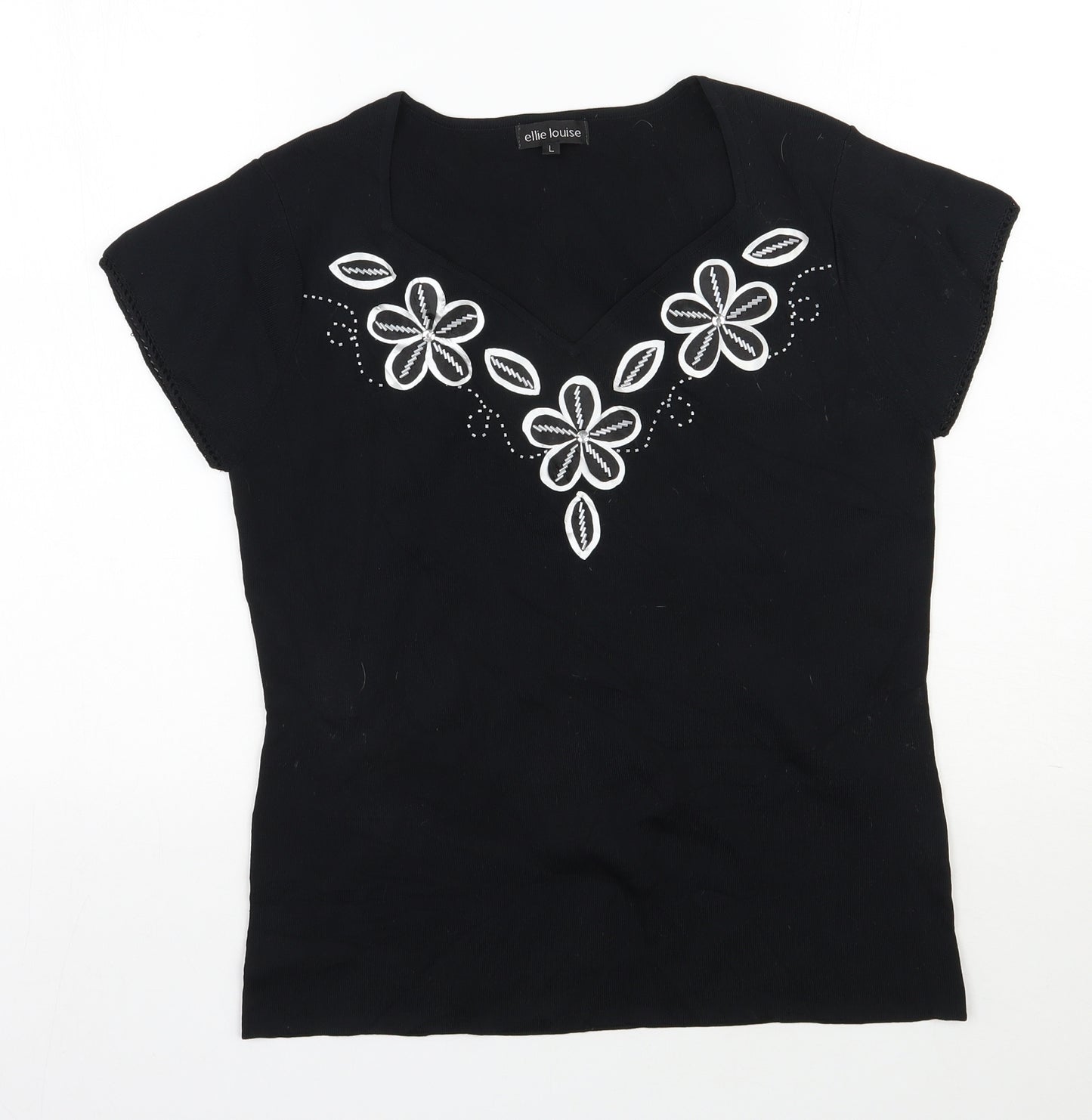 Ellie Louise  Womens Black Floral Viscose Basic T-Shirt Size L V-Neck