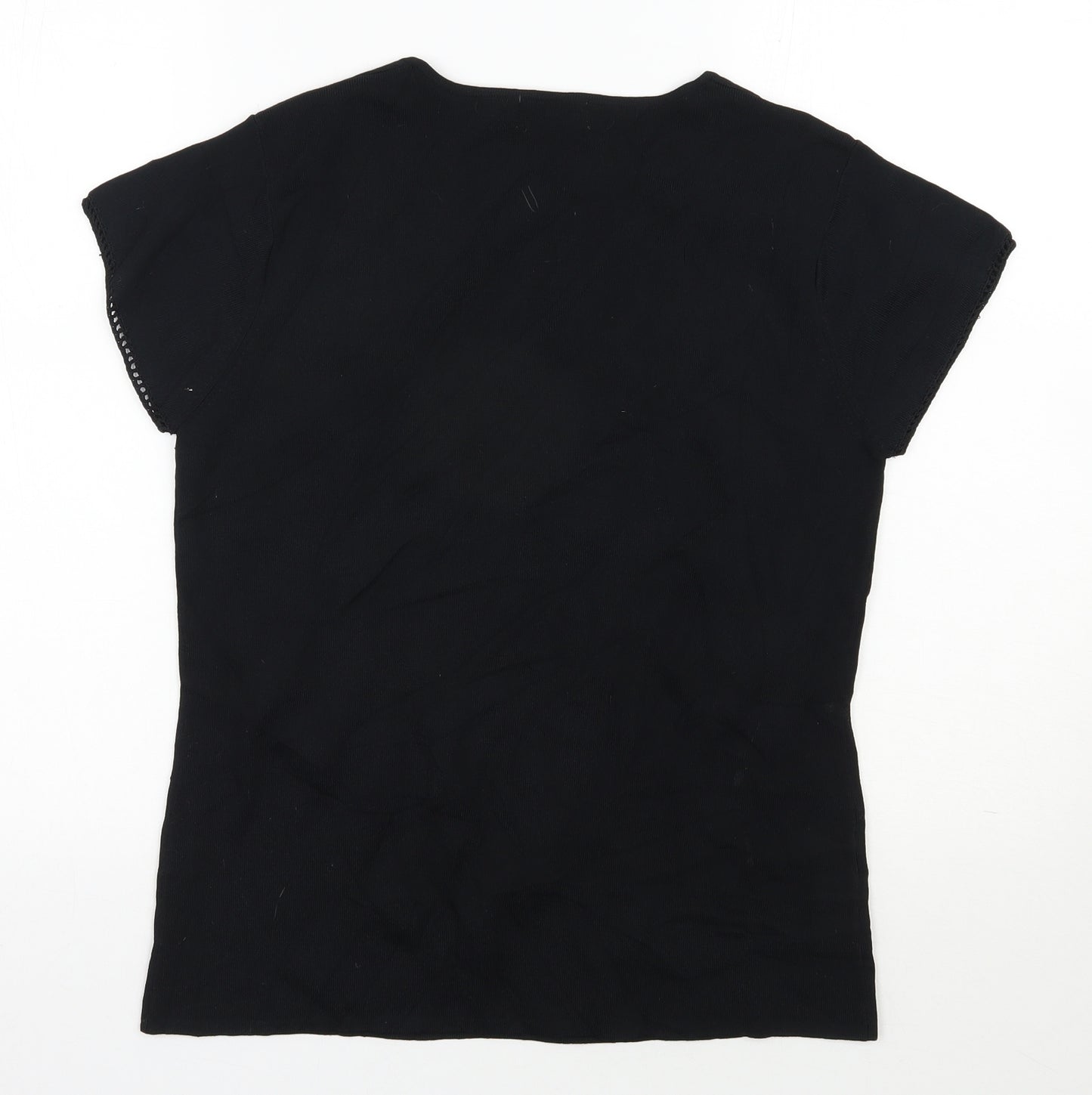Ellie Louise  Womens Black Floral Viscose Basic T-Shirt Size L V-Neck