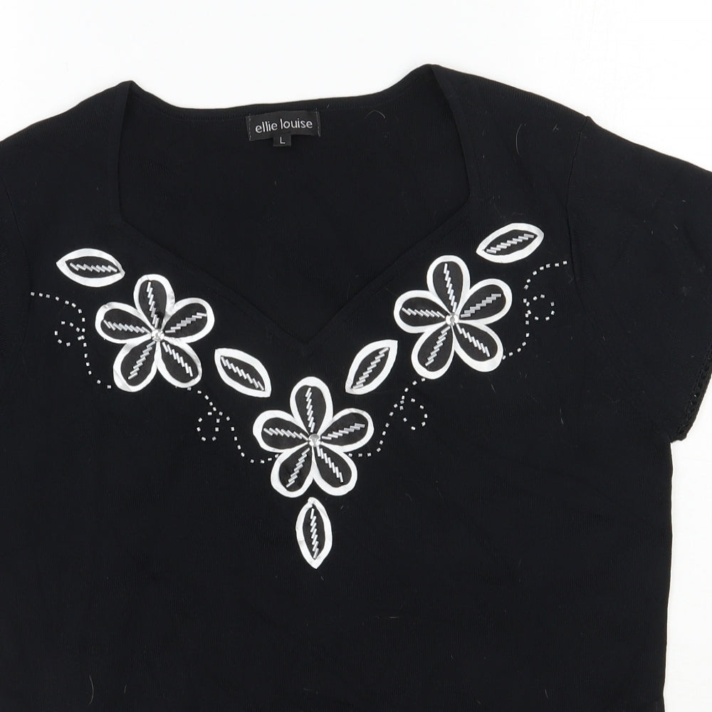 Ellie Louise  Womens Black Floral Viscose Basic T-Shirt Size L V-Neck