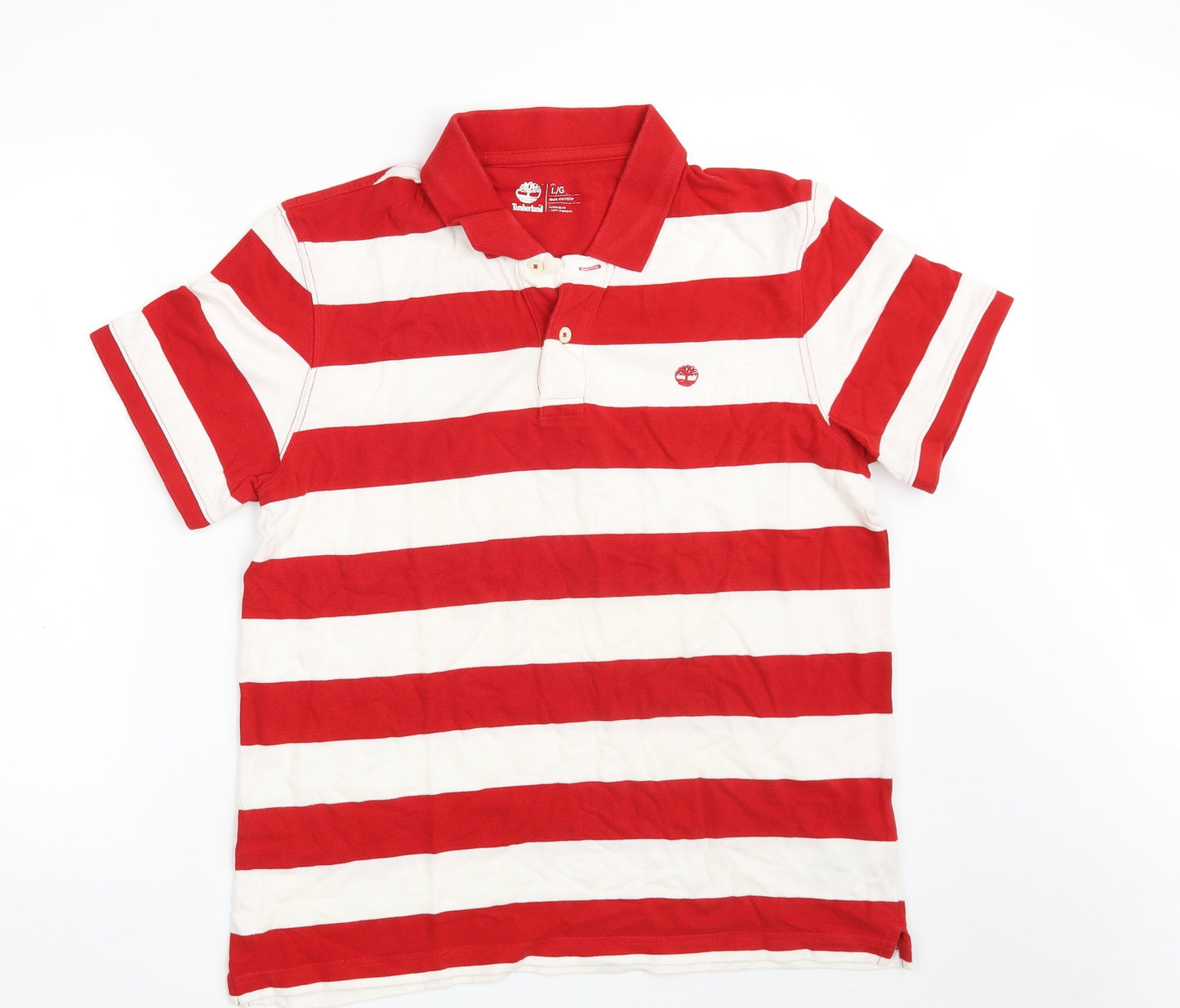 Timberland Mens Red Colourblock 100% Cotton  Polo Size L Collared Button