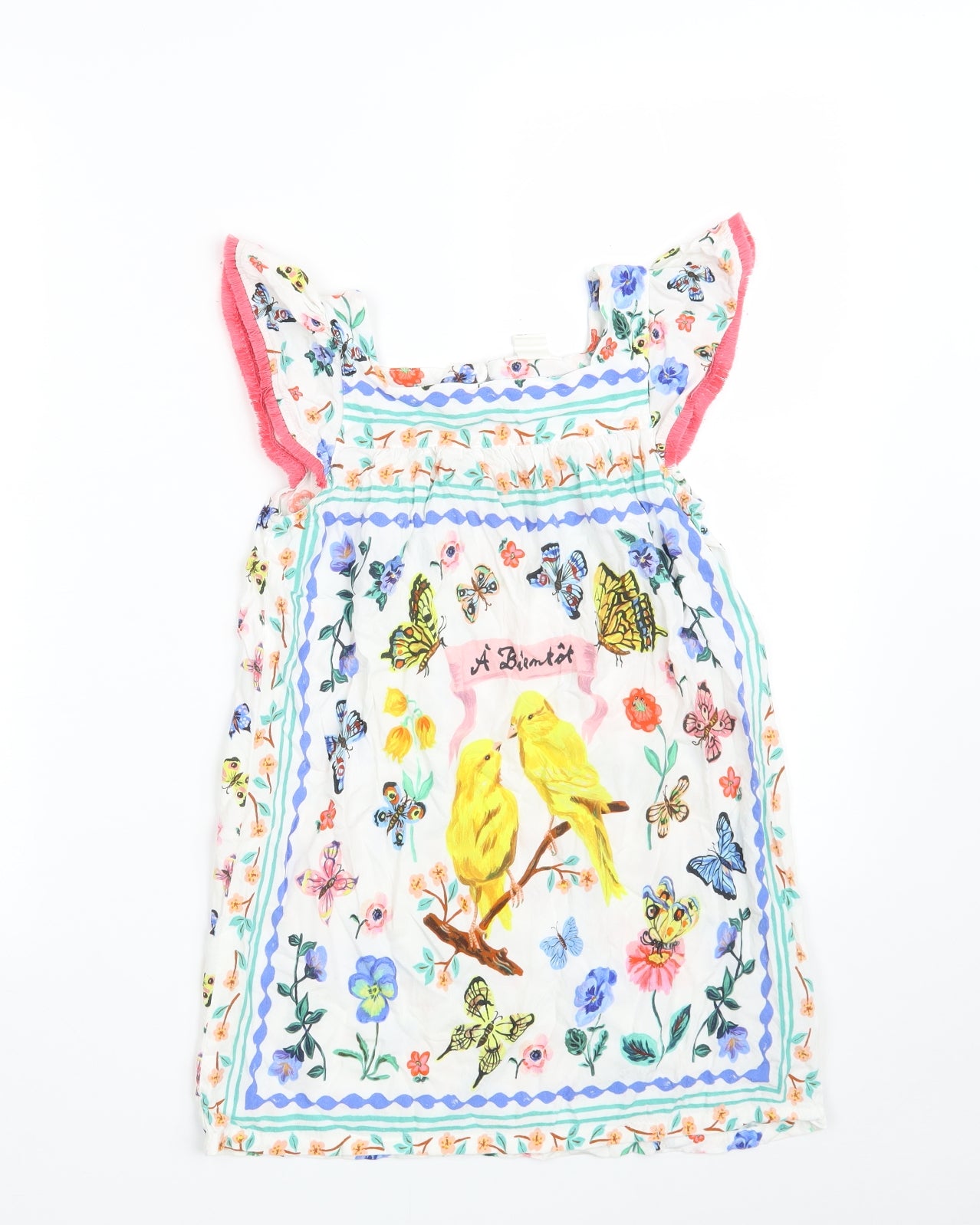 H&M Girls White Floral Viscose A-Line  Size 7-8 Years  Square Neck Button