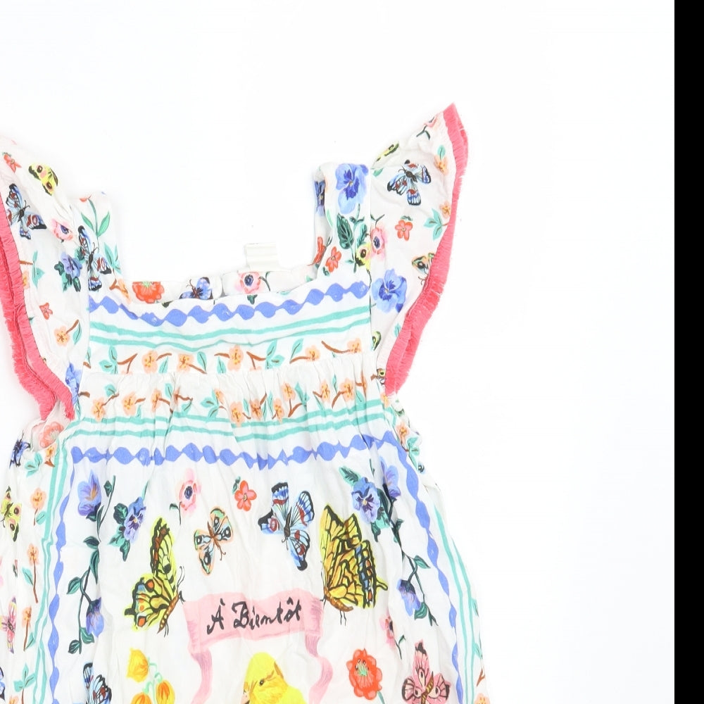 H&M Girls White Floral Viscose A-Line  Size 7-8 Years  Square Neck Button