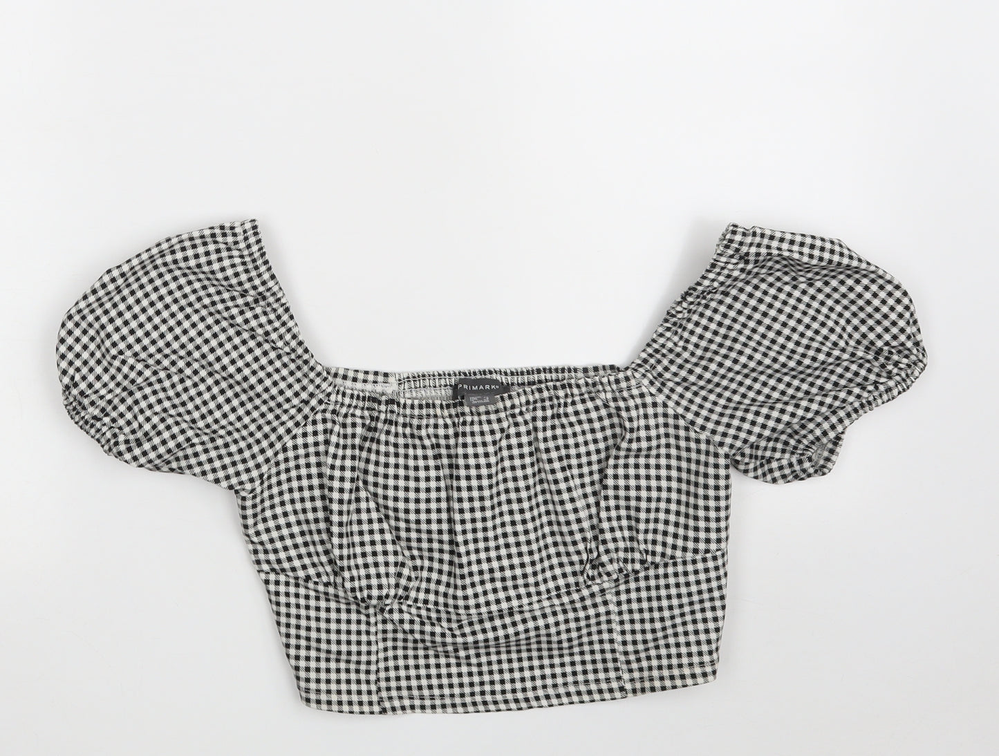 Primark Womens Black Check Viscose Cropped Blouse Size 12 Square Neck