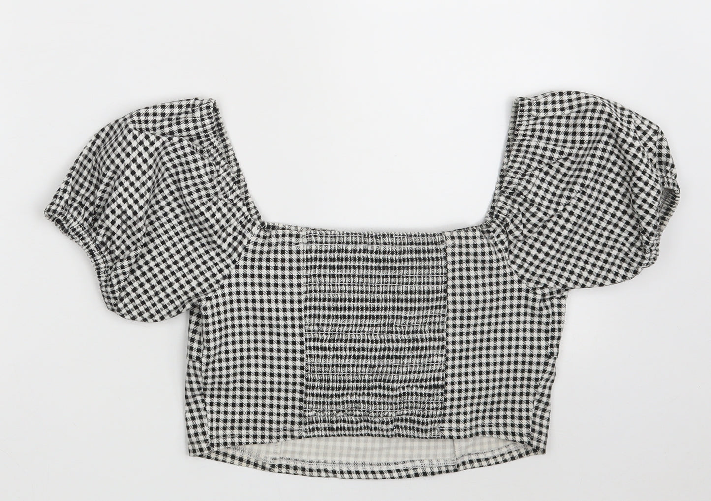 Primark Womens Black Check Viscose Cropped Blouse Size 12 Square Neck