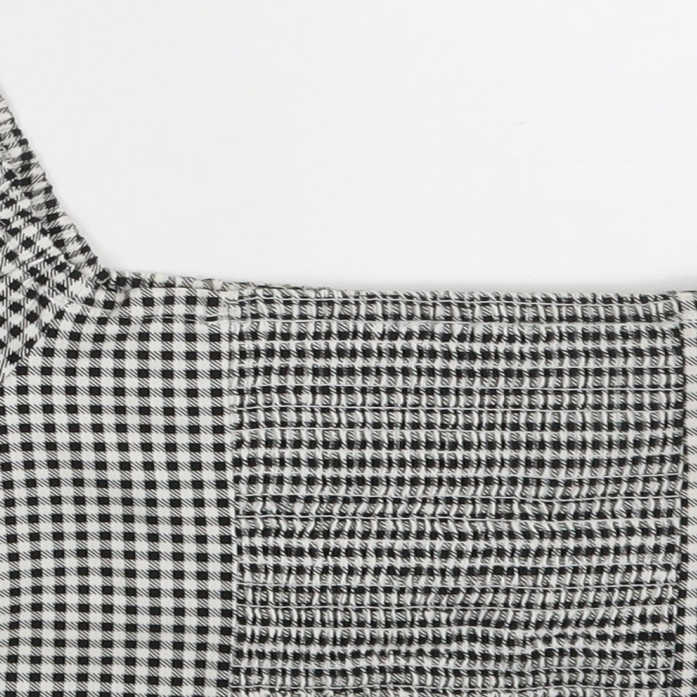 Primark Womens Black Check Viscose Cropped Blouse Size 12 Square Neck