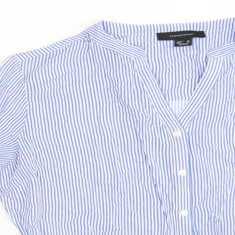 Atmosphere Womens Blue Striped Viscose Basic Button-Up Size 14 V-Neck
