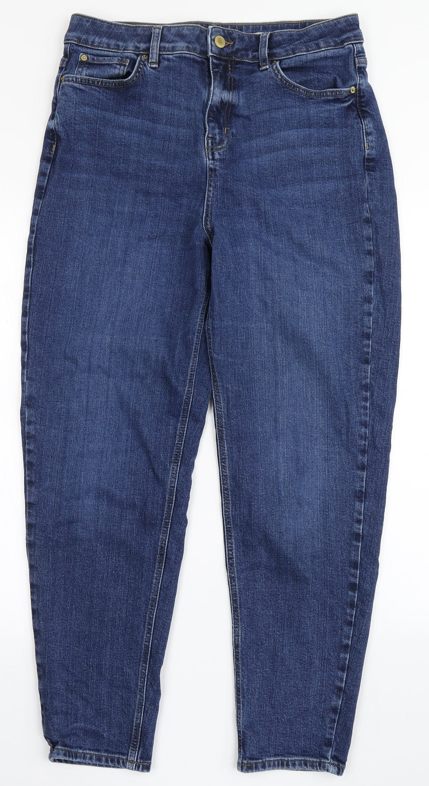 Marks and Spencer Womens Blue  Cotton Mom Jeans Size 14 L28 in Regular Button - Long Leg