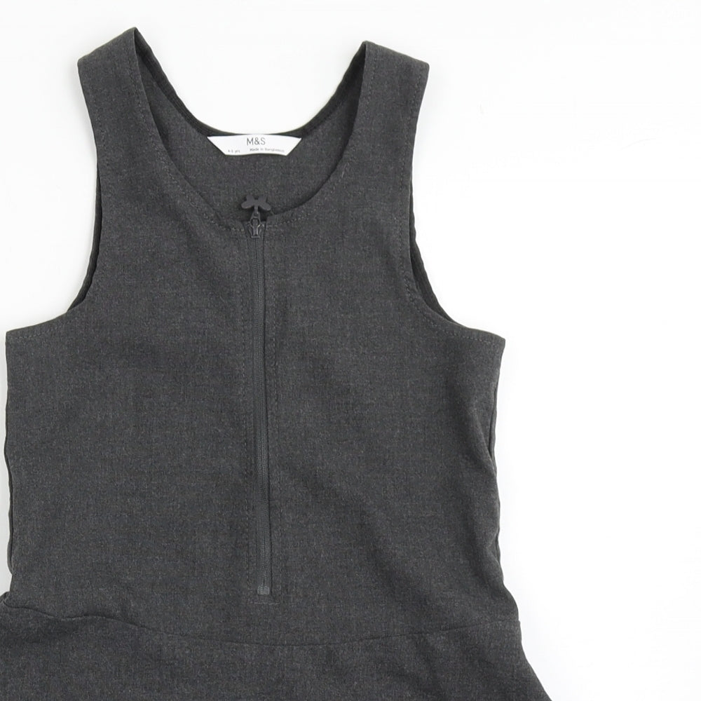 Marks and Spencer Girls Grey  Polyester Pinafore/Dungaree Dress  Size 4-5 Years  Round Neck Zip - School Wear