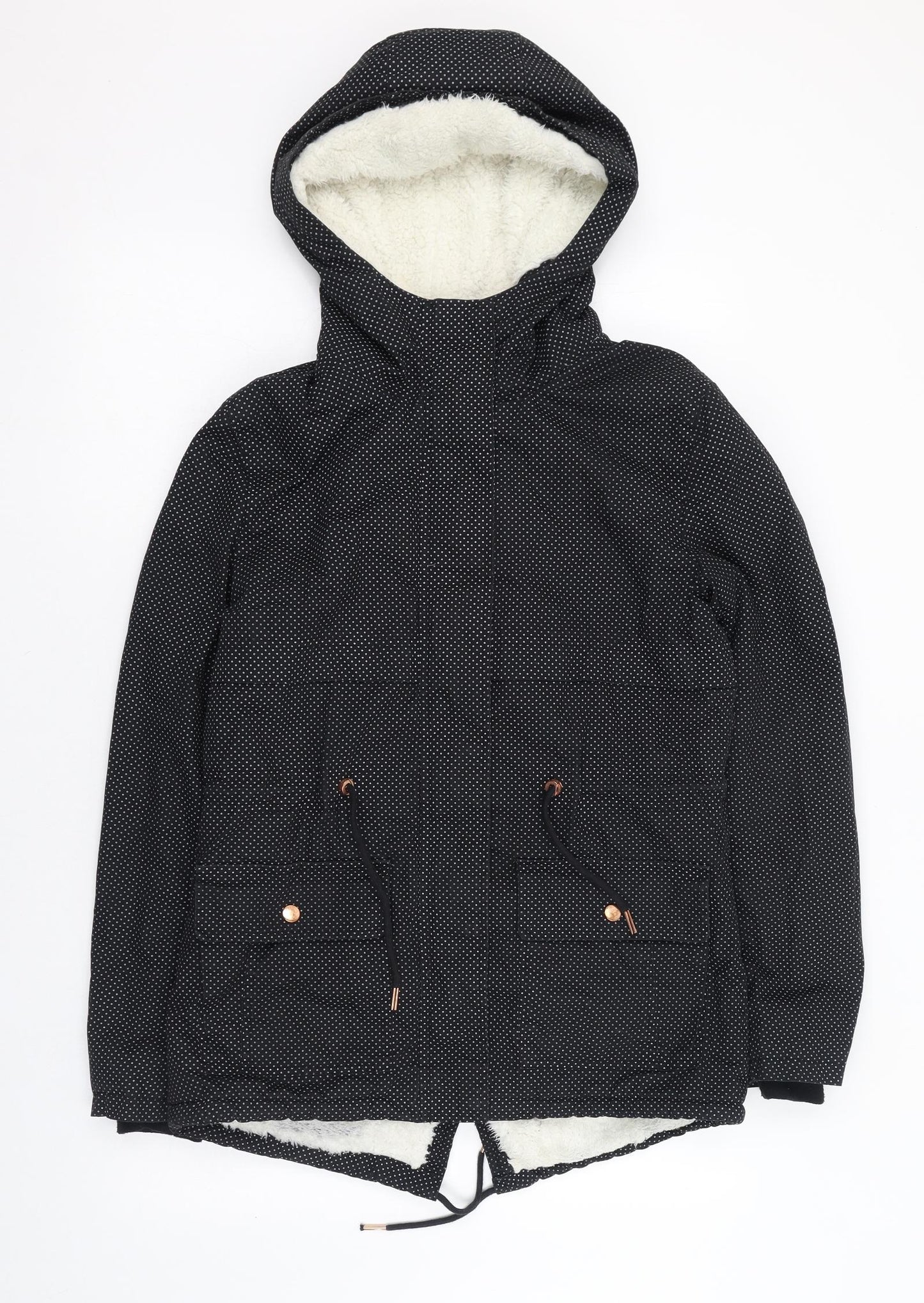 Primark Womens Black Polka Dot  Parka Coat Size 8  Zip