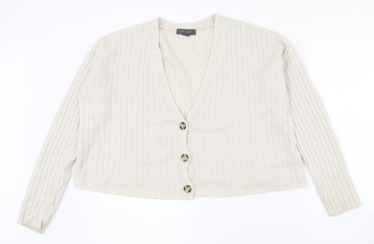 Primark Womens Beige V-Neck  Acrylic Cardigan Jumper Size 8   - 6-8