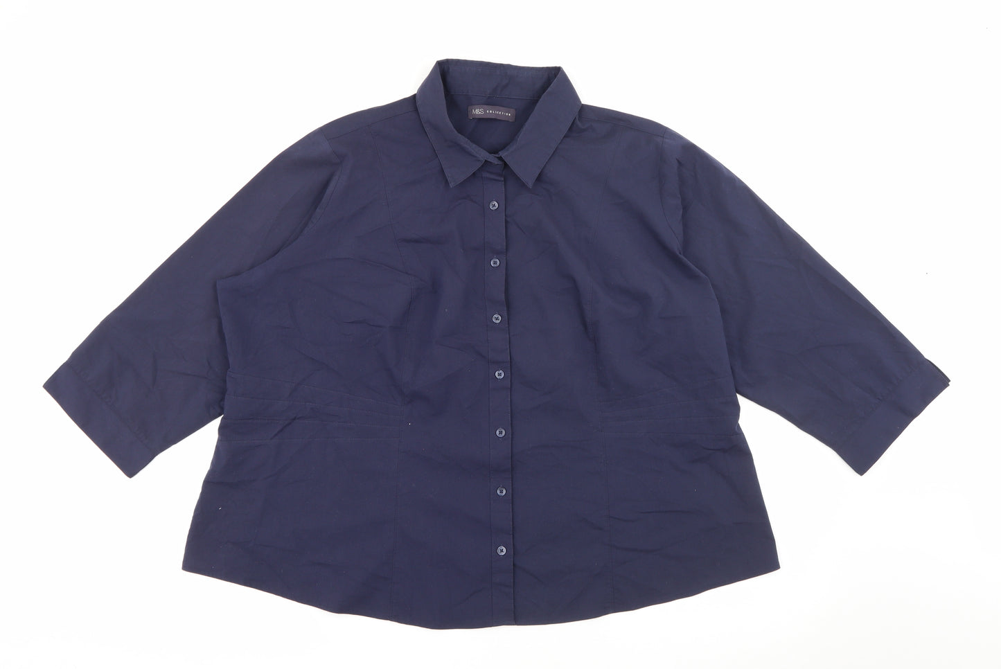 Marks and Spencer Womens Blue  Cotton Basic Button-Up Size 24 Collared