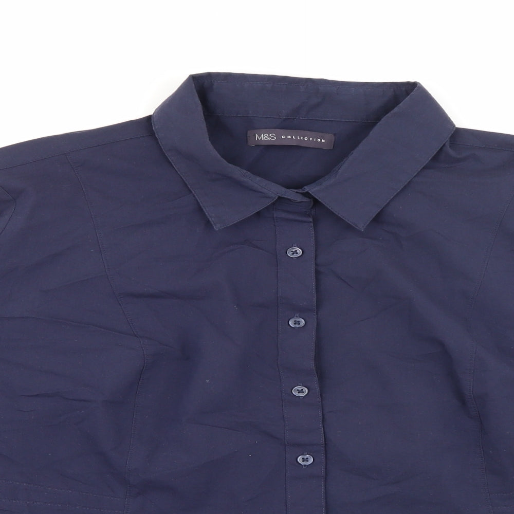 Marks and Spencer Womens Blue  Cotton Basic Button-Up Size 24 Collared