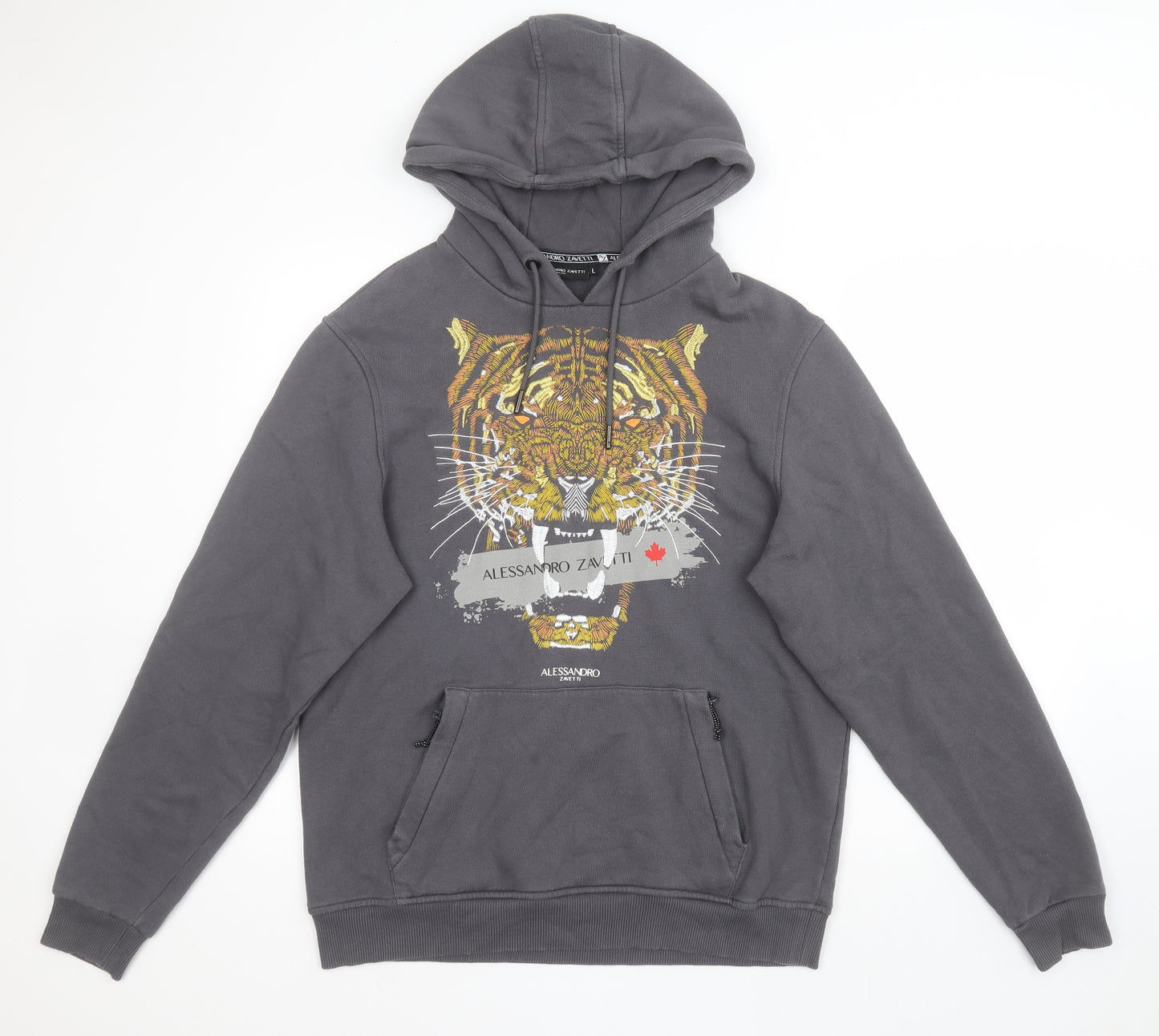 Alessandro Zavetti Mens Grey  Cotton Pullover Hoodie Size L   - Tiger