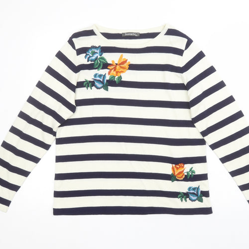Bonmarché Womens Multicoloured Round Neck Striped Acrylic Pullover Jumper Size S   - Embroidered flowers