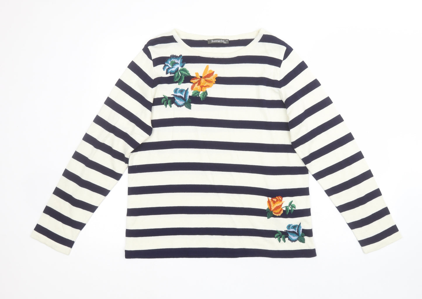 Bonmarché Womens Multicoloured Round Neck Striped Acrylic Pullover Jumper Size S   - Embroidered flowers