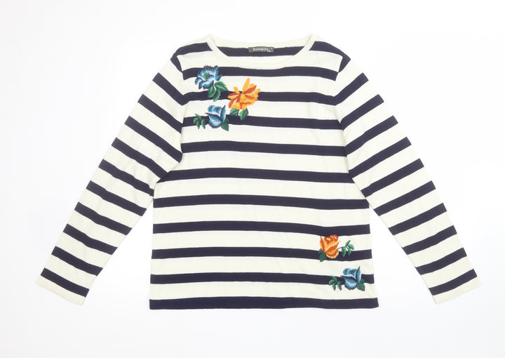 Bonmarché Womens Multicoloured Round Neck Striped Acrylic Pullover Jumper Size S   - Embroidered flowers