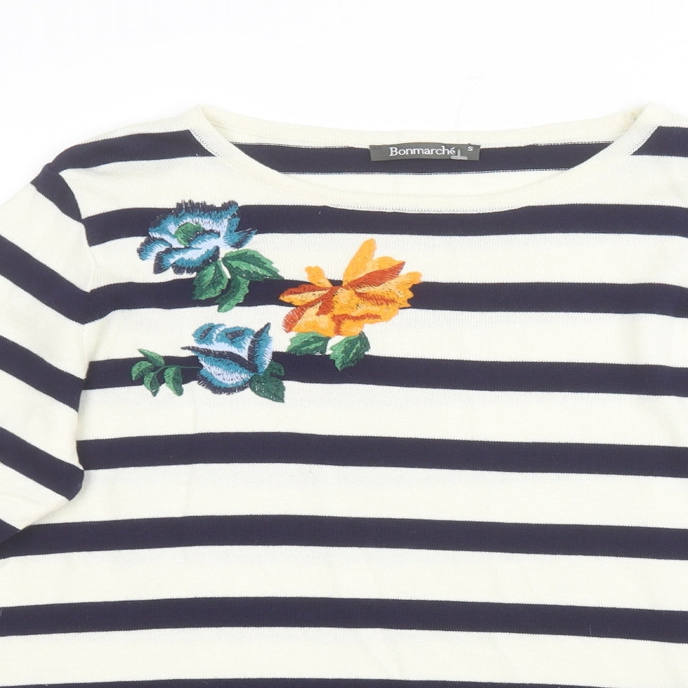 Bonmarché Womens Multicoloured Round Neck Striped Acrylic Pullover Jumper Size S   - Embroidered flowers