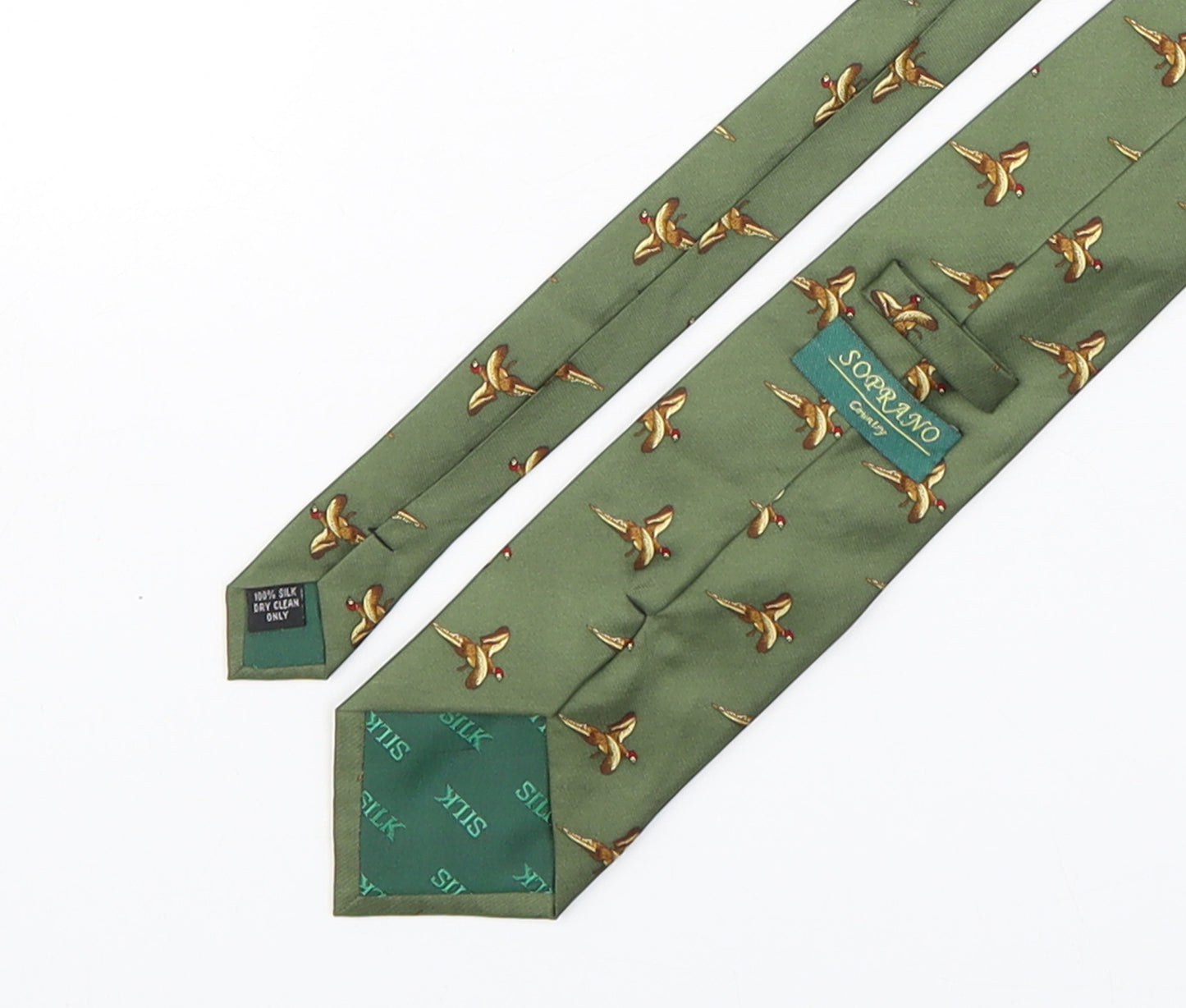 Soprano Mens Green Geometric Silk Pointed Tie One Size - Pheasant print
