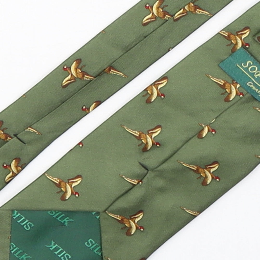Soprano Mens Green Geometric Silk Pointed Tie One Size - Pheasant print