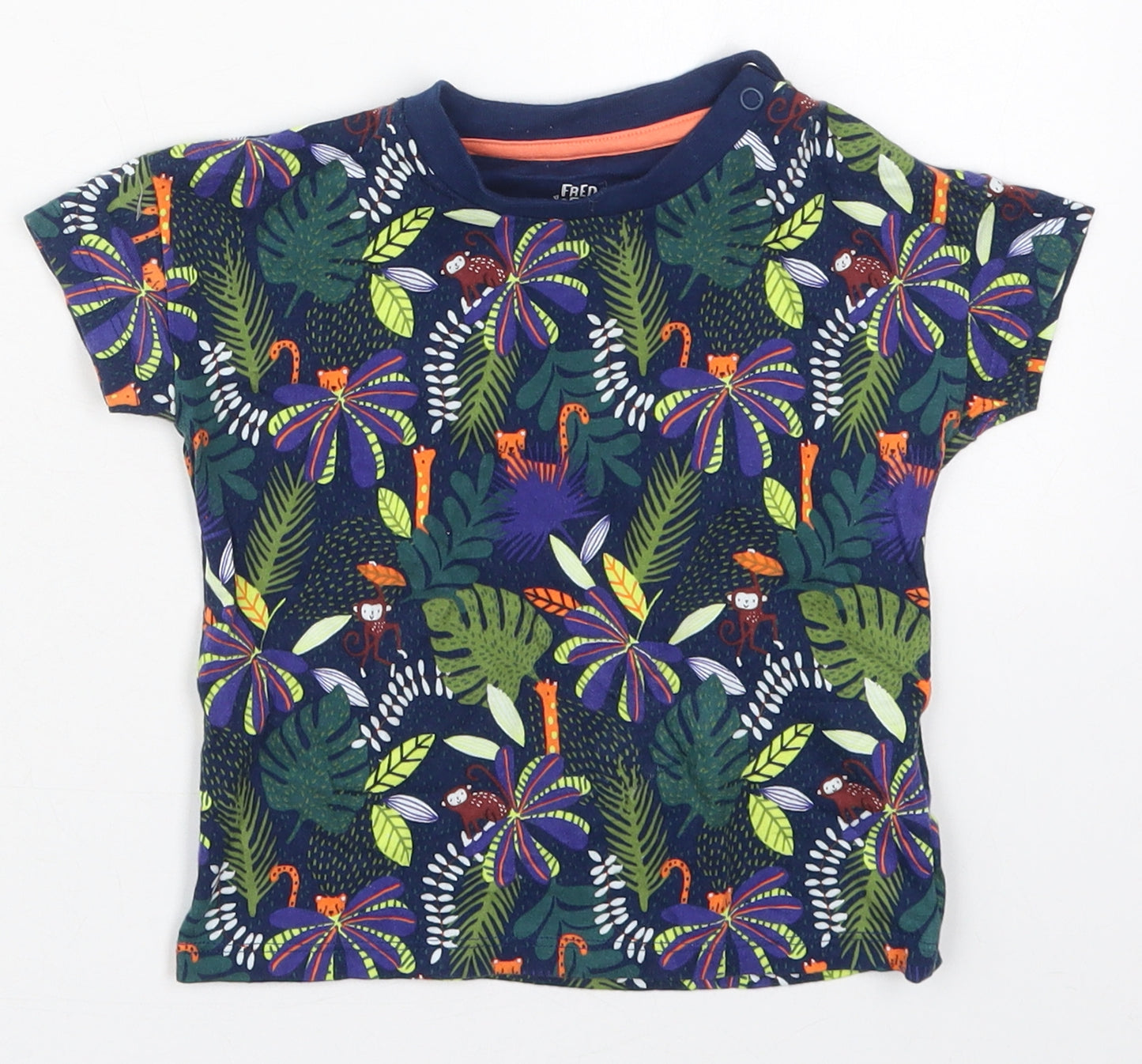 Fred & Flo Boys Blue  Cotton Basic T-Shirt Size 12-18 Months Crew Neck Pullover - Jungle Prints