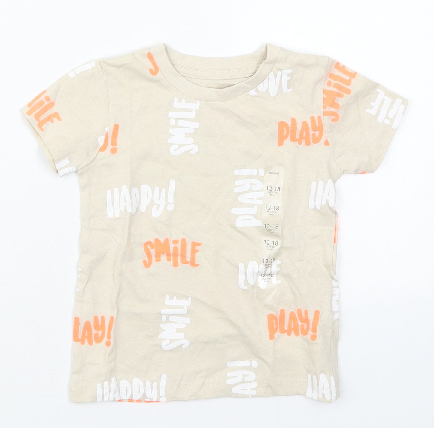 Dunnes Boys Beige  Cotton Basic T-Shirt Size 12-18 Months Crew Neck Pullover - Happy Play Smile Fun