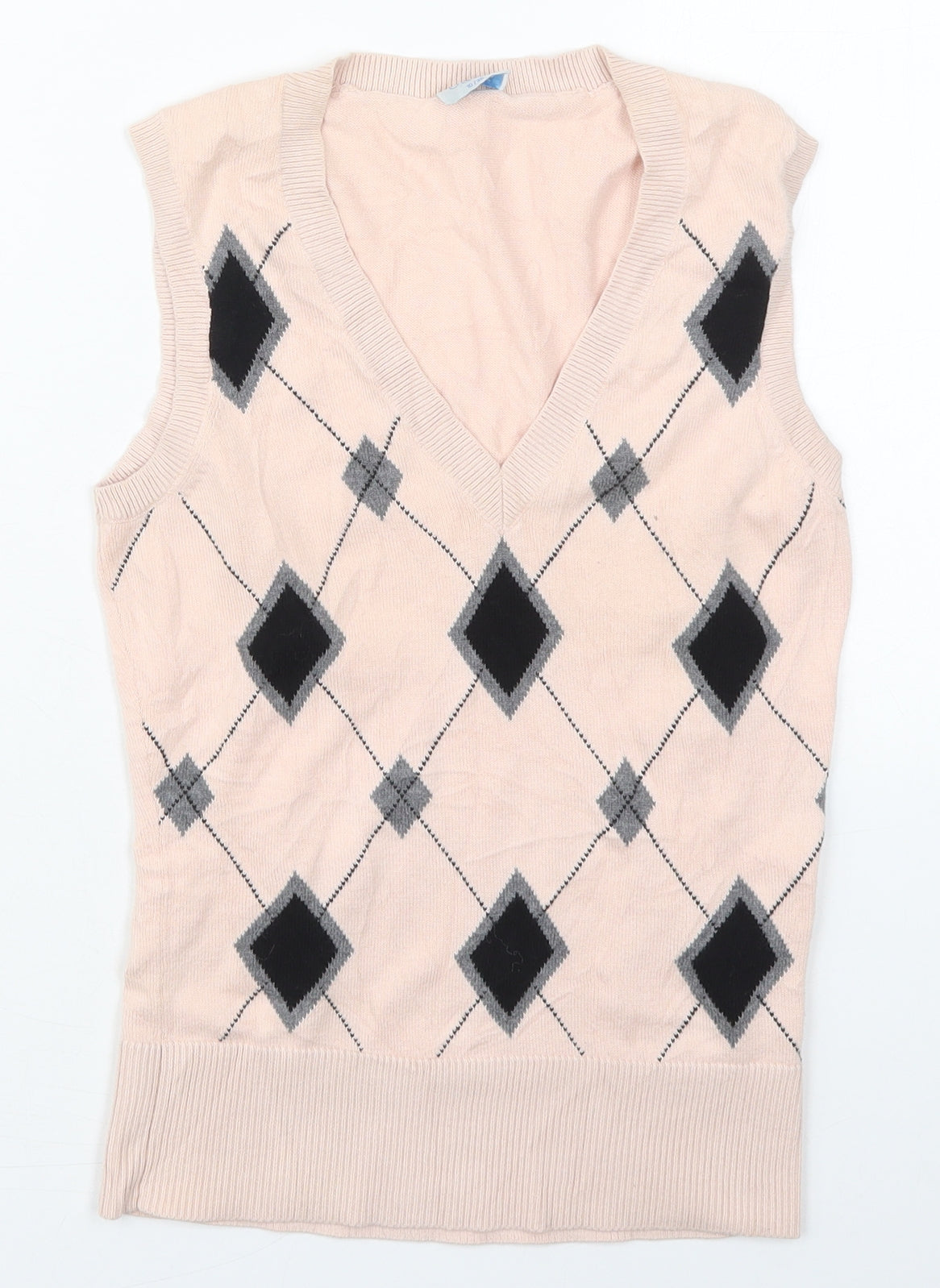 Oasis Womens Pink V-Neck Argyle/Diamond Cotton Vest Jumper Size 10