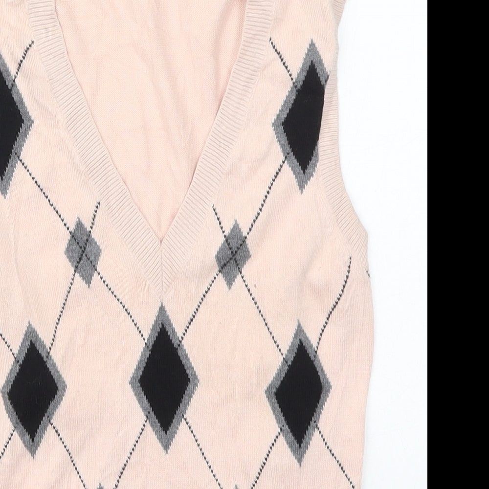 Oasis Womens Pink V-Neck Argyle/Diamond Cotton Vest Jumper Size 10
