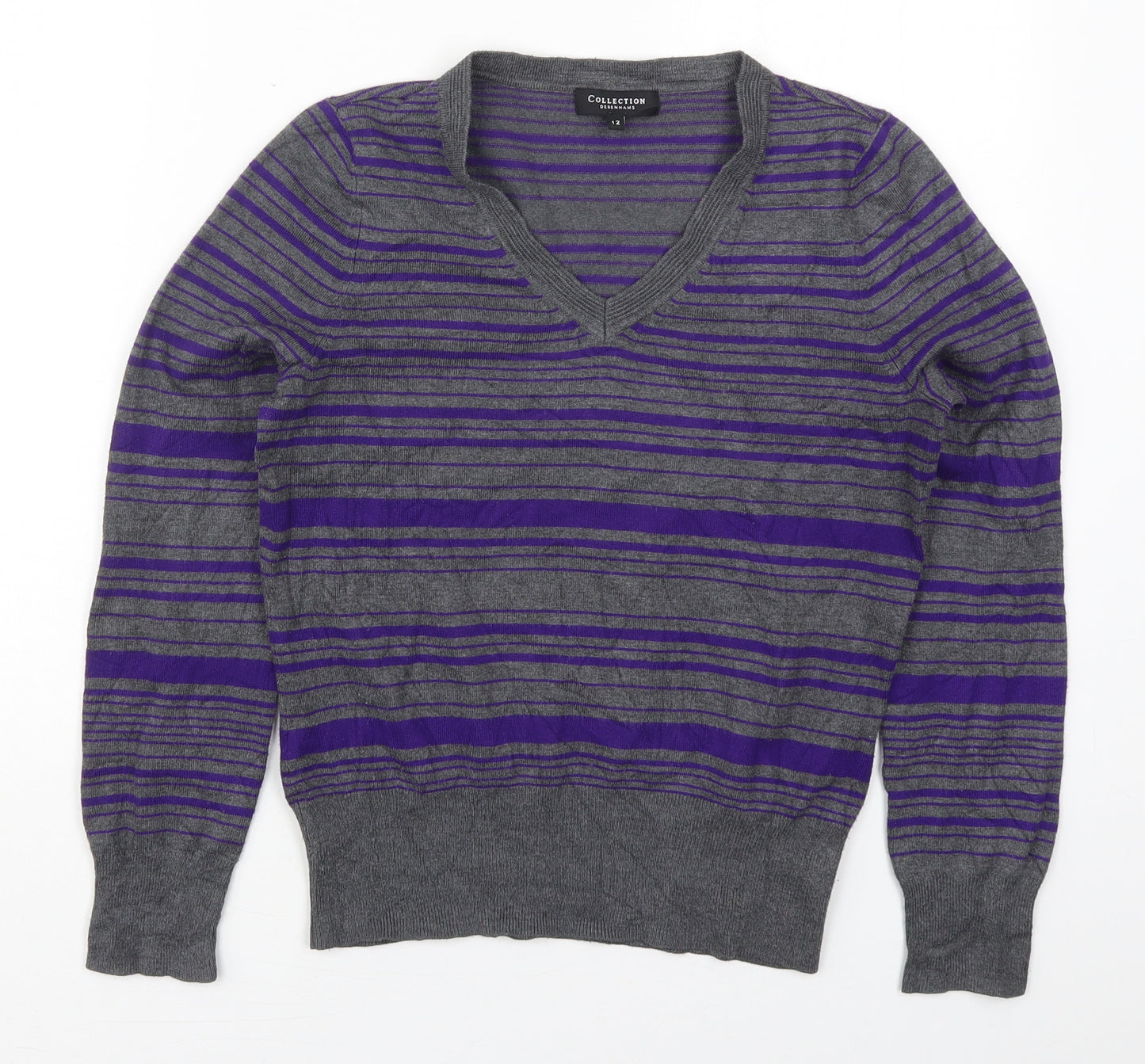 Debenhams Womens Purple V-Neck Striped Viscose Pullover Jumper Size 12