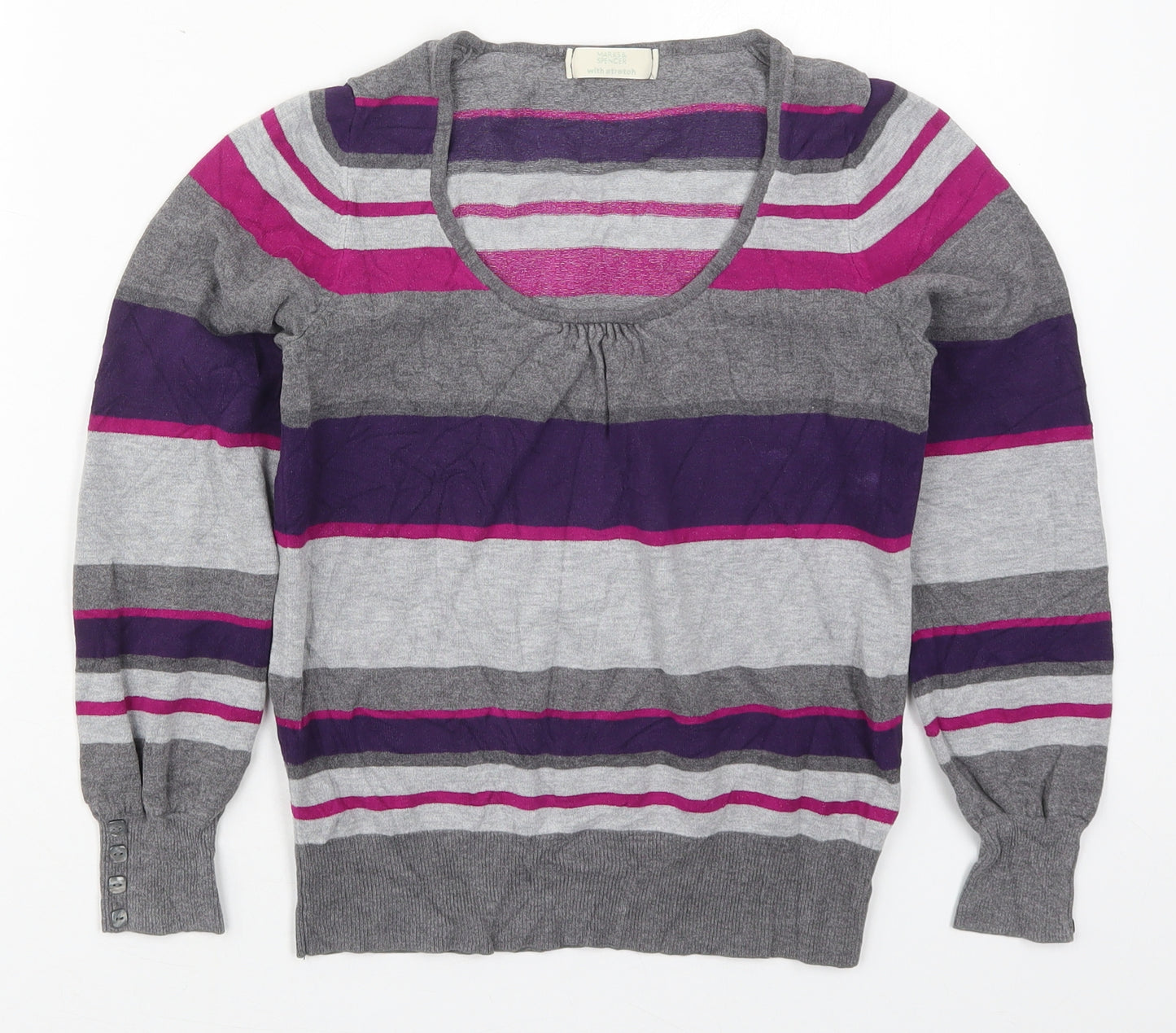 Marks and Spencer Womens Purple Round Neck Striped Viscose Pullover Jumper Size 8