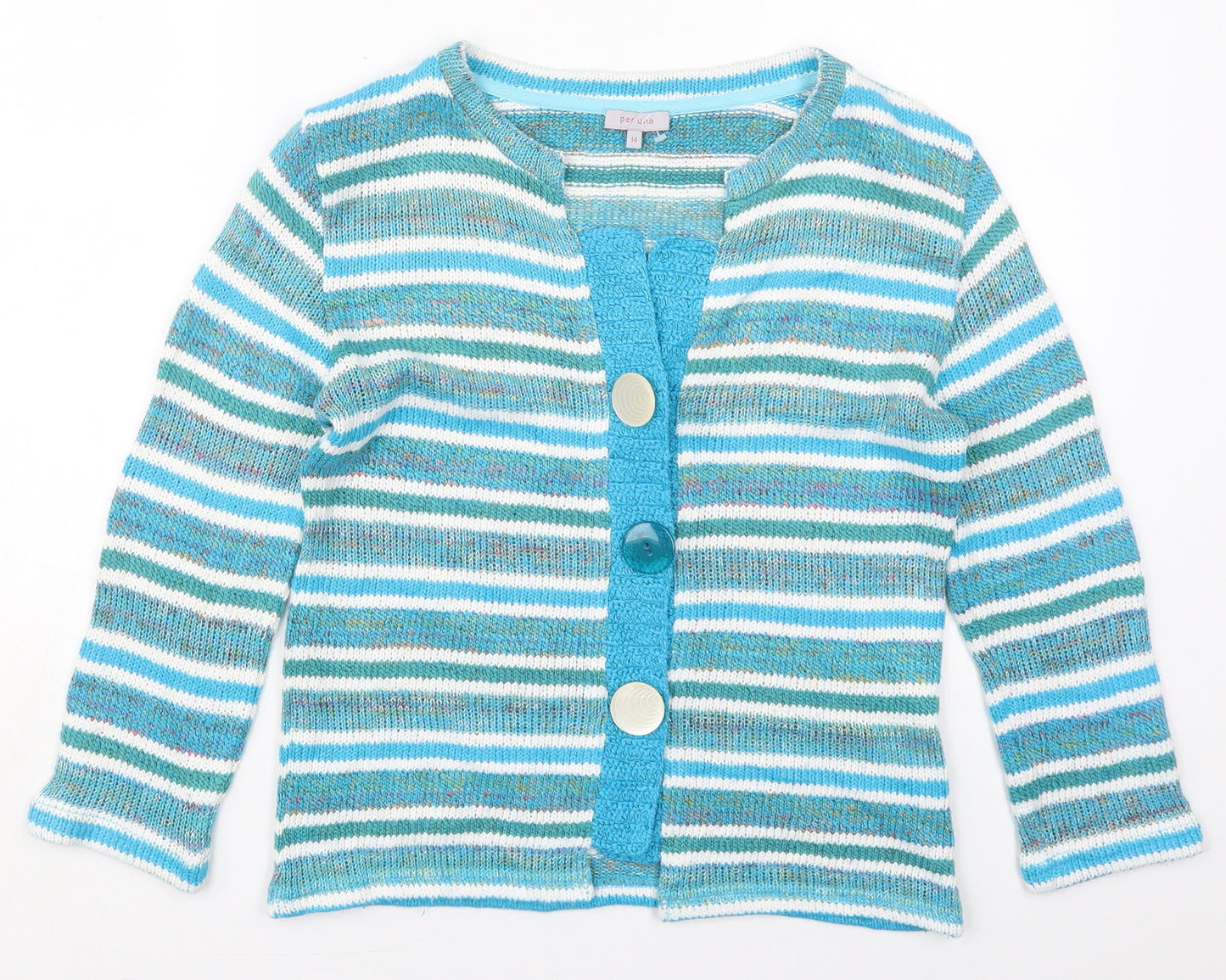 Per Una Womens Blue Round Neck Striped Acrylic Cardigan Jumper Size 14
