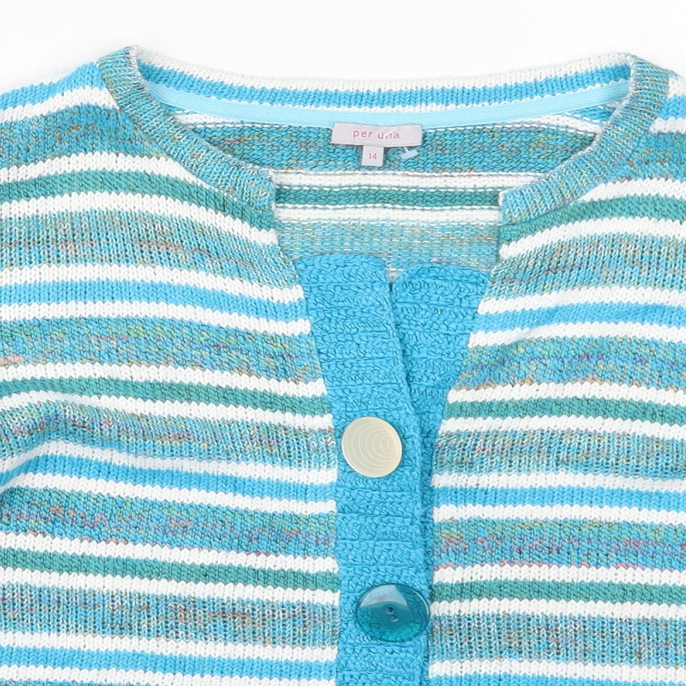 Per Una Womens Blue Round Neck Striped Acrylic Cardigan Jumper Size 14